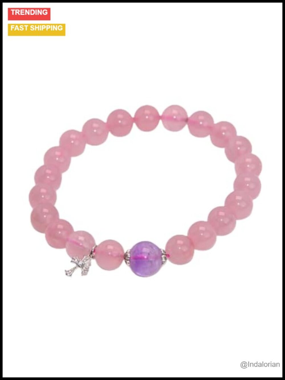 Natural Rose Quartz Amethyst Stretch Bracelet Sterling Silver Charm